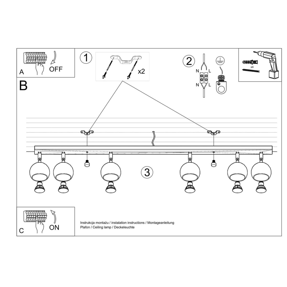 Notice de montage illustrée pour fixation au plafond avec perçage et raccordement électrique.