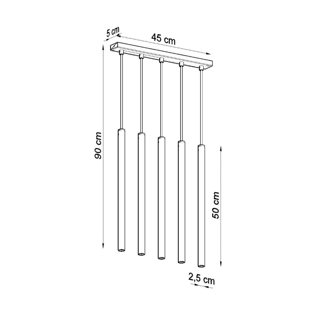Schéma coté du luminaire, rail de 45 cm et hauteur totale de 90 cm