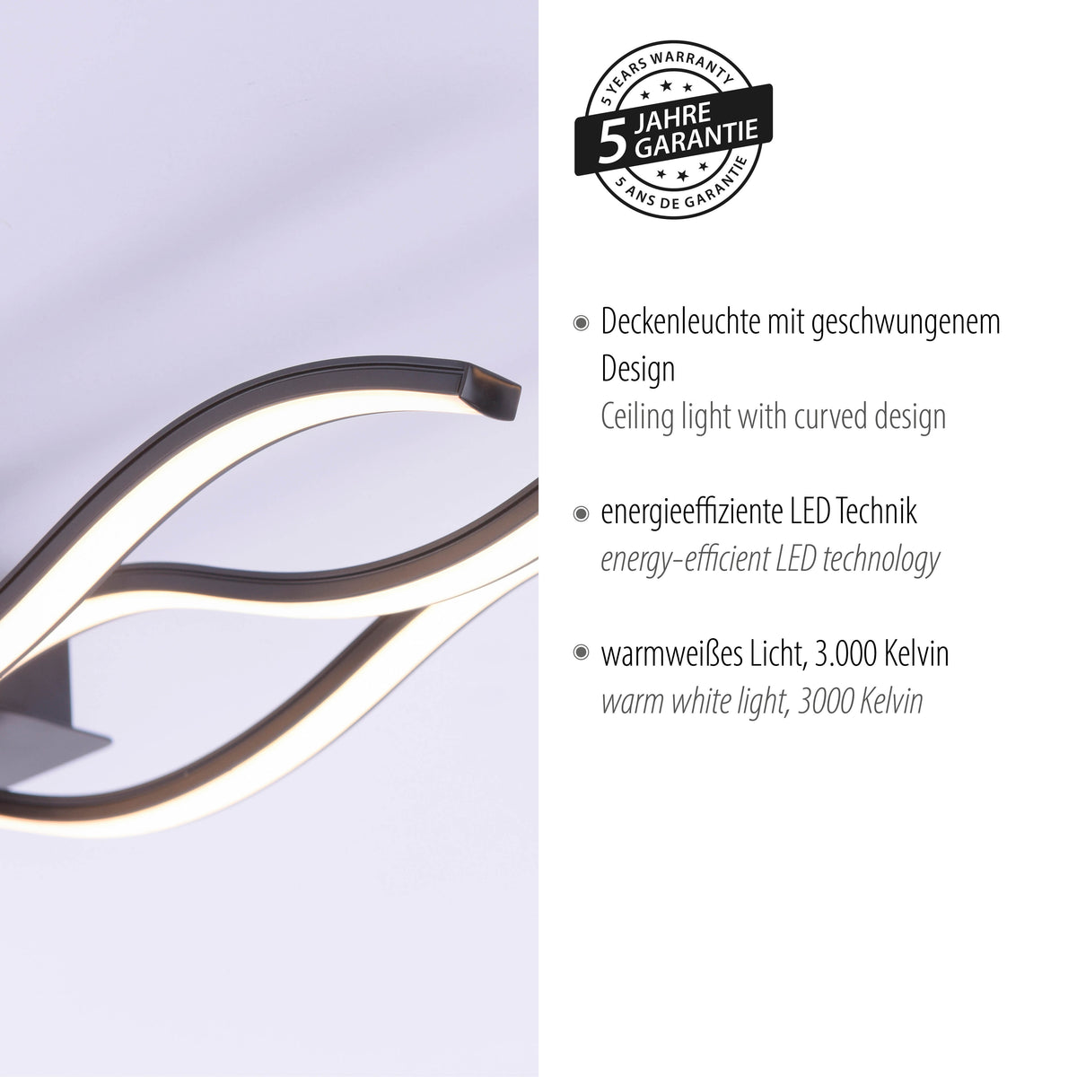 Détail de finition avec logo de garantie cinq ans et rappel des caractéristiques techniques.