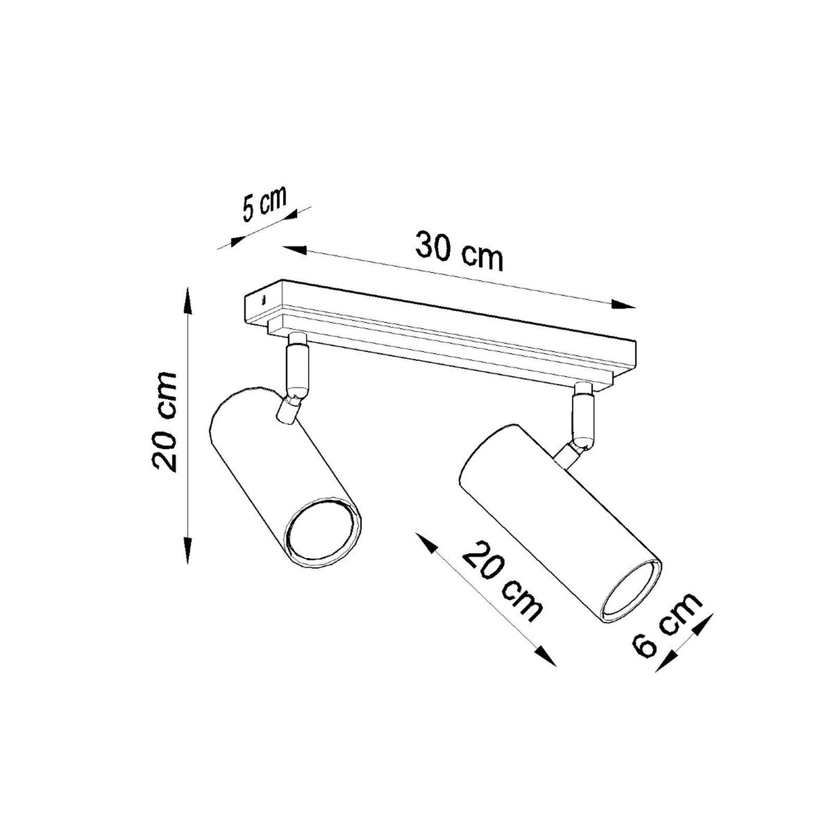 Schéma technique coté du luminaire : base 30 cm, hauteur 20 cm, spots 6 cm