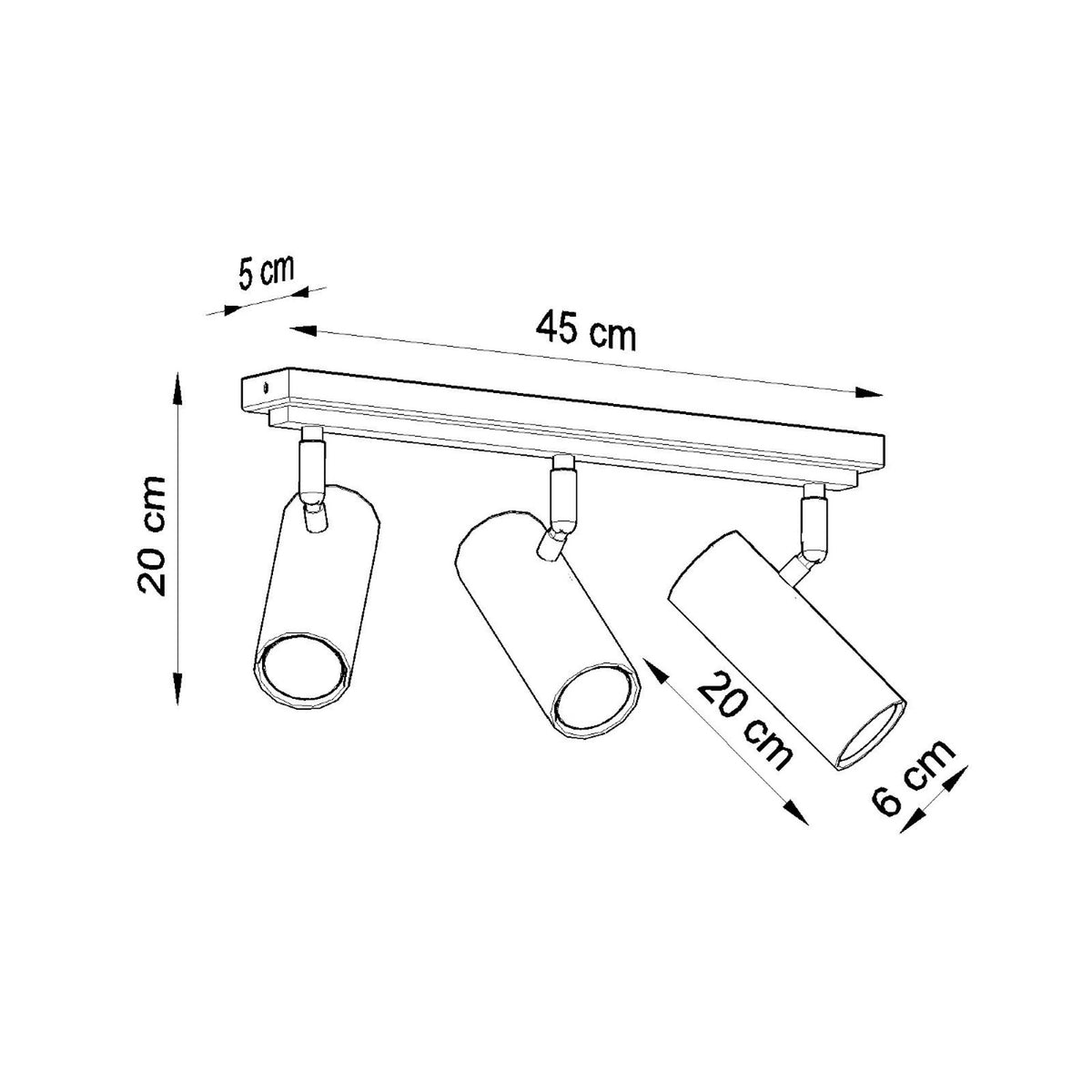 Schéma technique coté : longueur 45 cm, hauteur 20 cm, diamètre spot 6 cm.