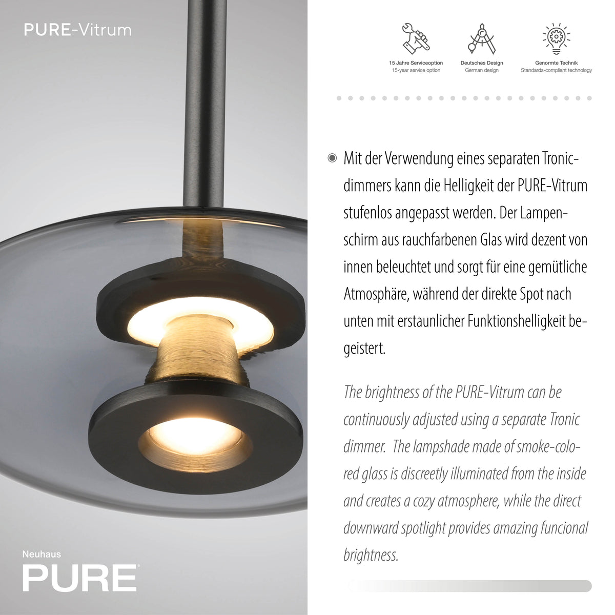 Gros plan sur l'abat-jour en verre fumé et la source lumineuse centrale.