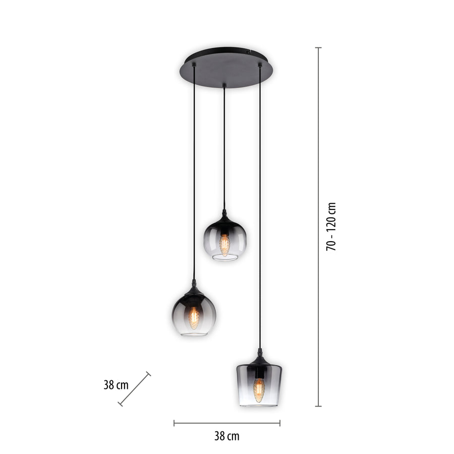 Suspension Zea 3 lumières noire, verre