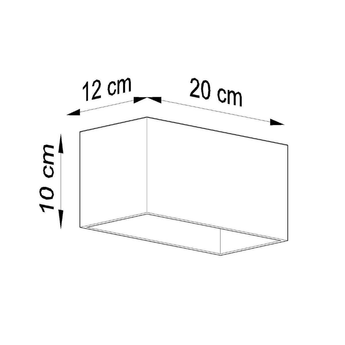 Schéma de dimensions du luminaire rectangulaire : 20 cm par 12 cm par 10 cm.