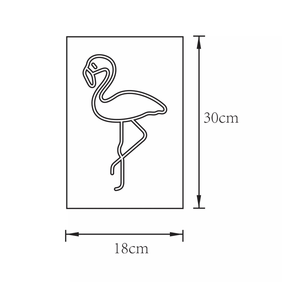 Schéma technique coté 30 cm de haut et 18 cm de large du flamant néon.