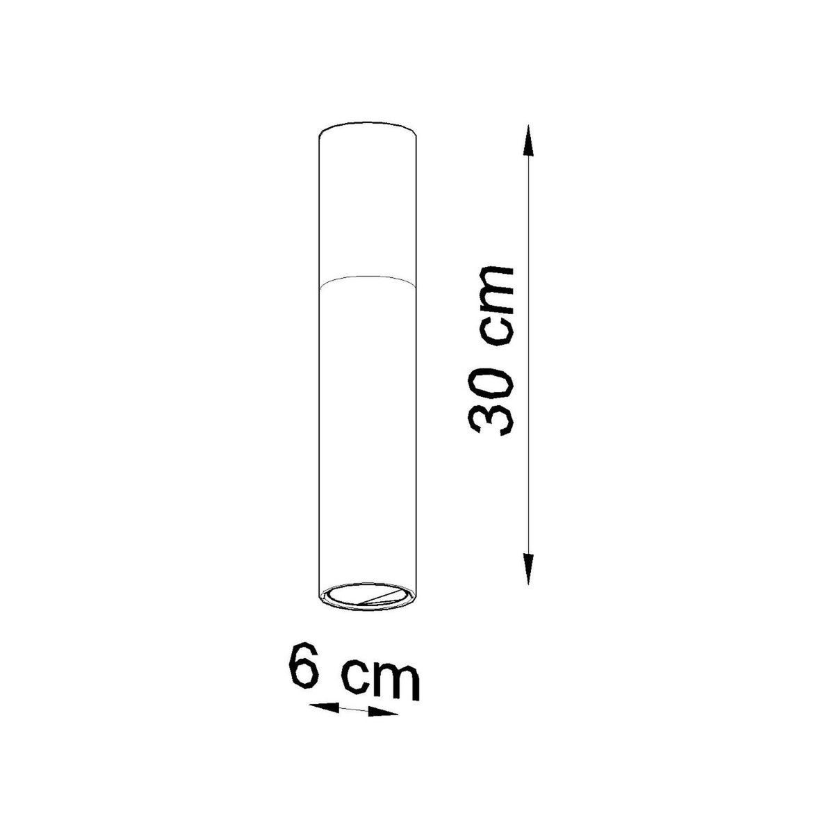 Schéma technique coté : hauteur 30 cm et diamètre 6 cm du luminaire.
