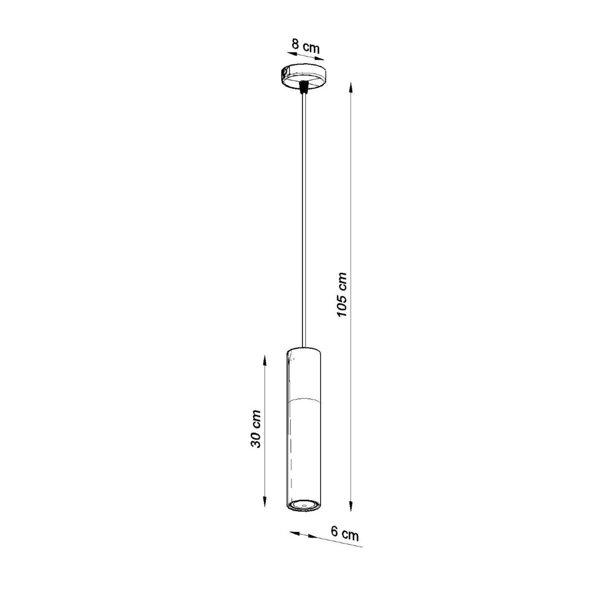Schéma coté indiquant hauteur totale 105 cm, abat-jour 30 cm et diamètre 6 cm.