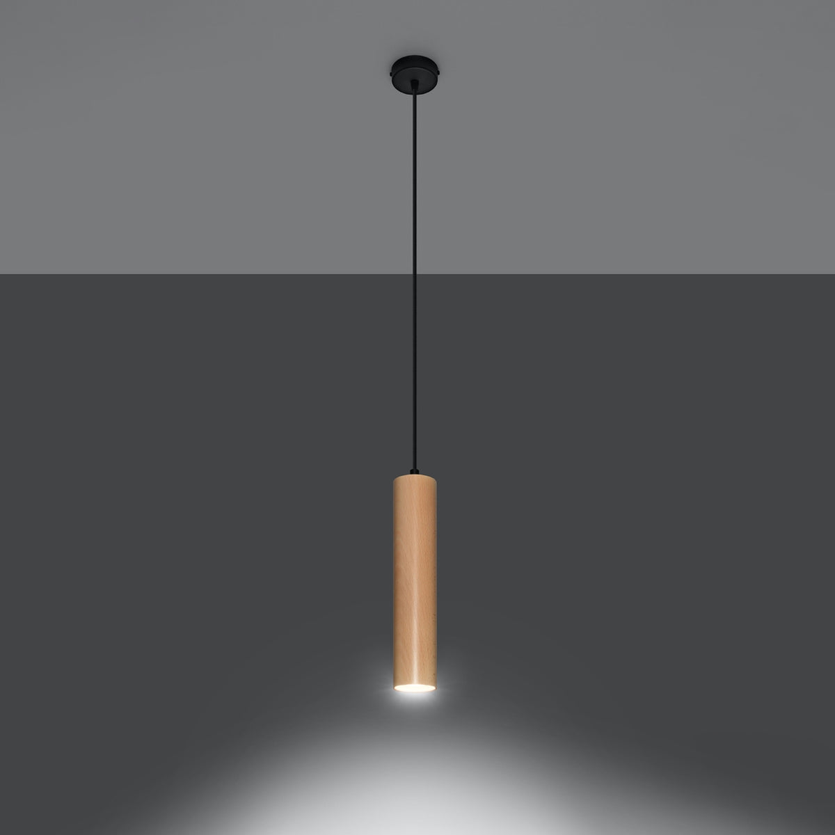 Luminaire allumé projetant un halo de lumière blanc sur fond gris