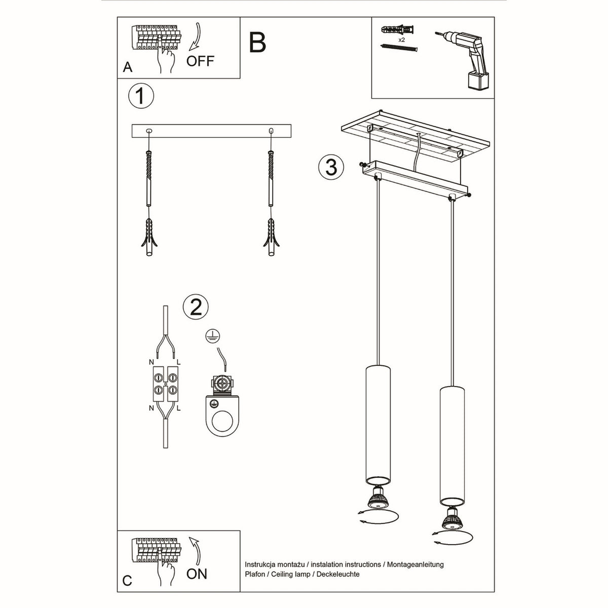Notice de montage illustrée pour fixer la platine et raccorder l'alimentation électrique.