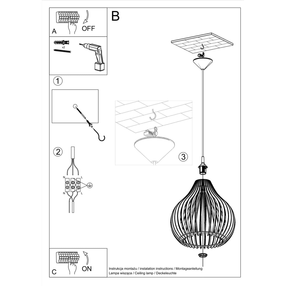 Notice de montage illustree : percage, raccordement electrique et fixation au crochet.