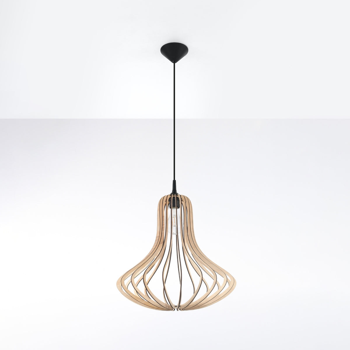 Vue d'ensemble du luminaire suspendu avec son câble noir et sa rosace plafond