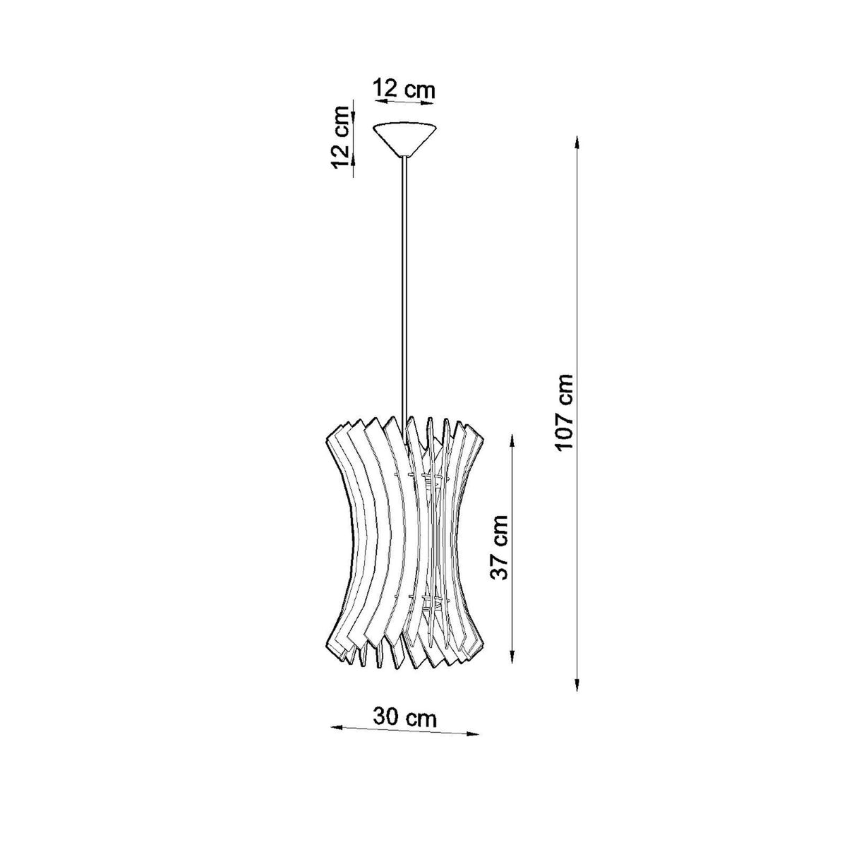 Schéma coté indiquant 107 cm de hauteur totale et 30 cm de large