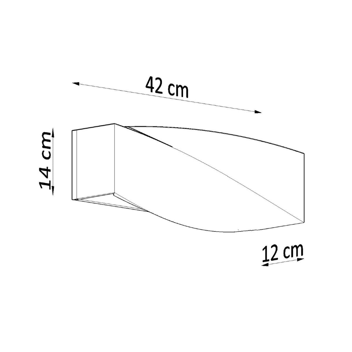 schéma technique coté : 42 cm de longueur, 14 cm de hauteur, 12 cm de profondeur