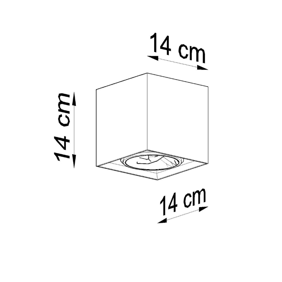Schéma technique coté du cube de 14 cm avec réflecteur circulaire
