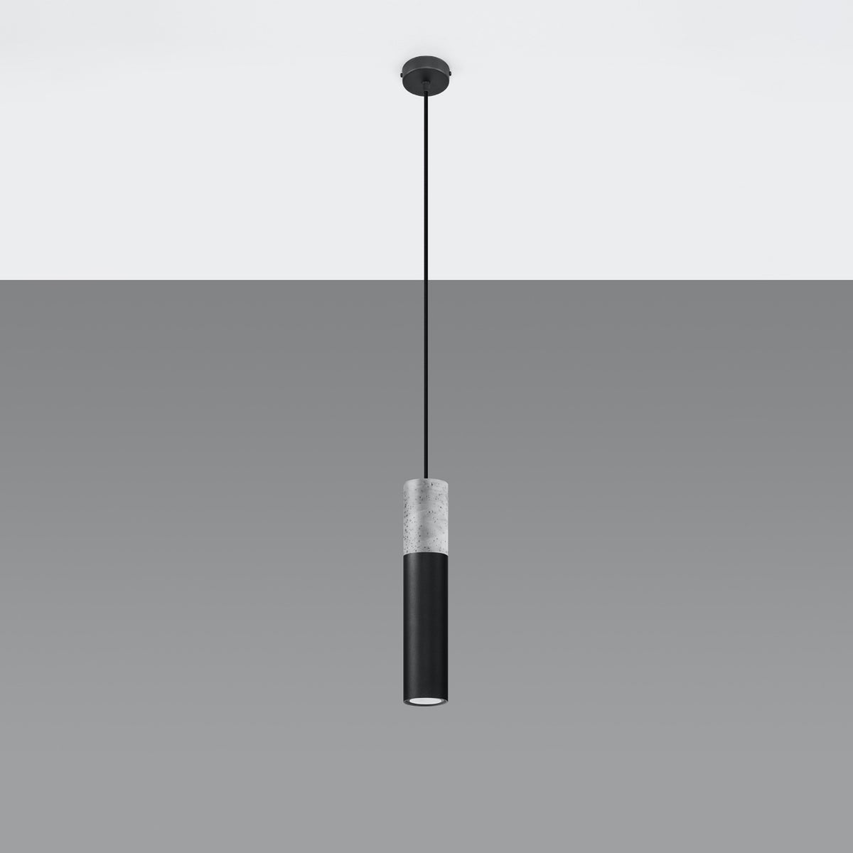 Produit entier sur fond gris clair, cordon noir et cylindre bicolore.