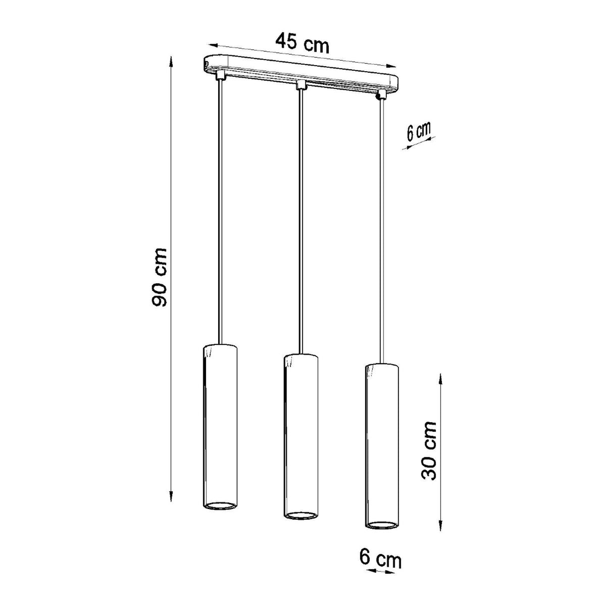 Schéma coté indiquant 90 cm de hauteur, 45 cm de support et 30 cm d'abat-jour