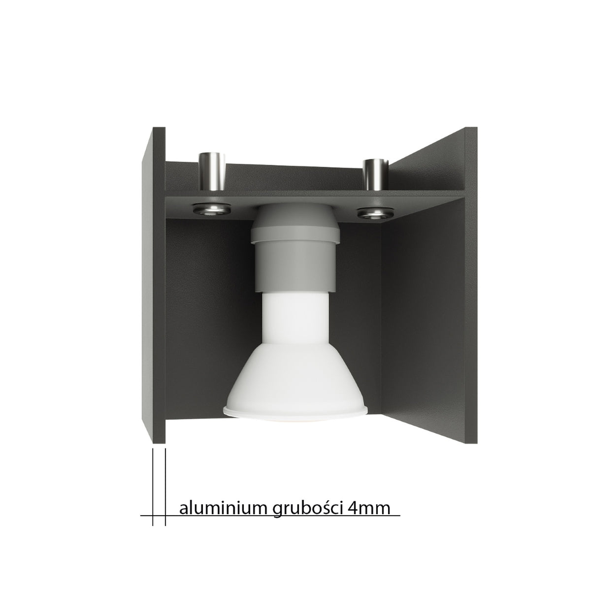 Détail intérieur d'un cube montrant douille, ampoule et visserie, aluminium 4 mm