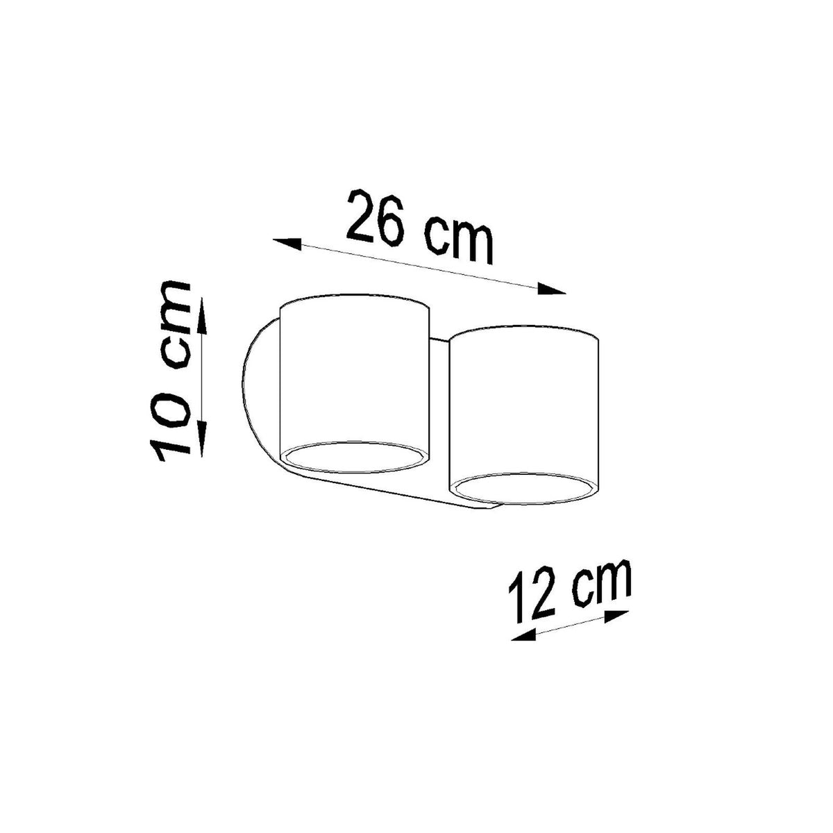 Schéma coté de l'applique : largeur 26 cm, hauteur 10 cm, profondeur 12 cm.