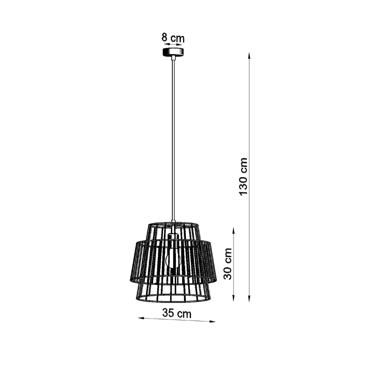 Schéma technique coté du luminaire avec hauteur totale 130 cm et diamètre 35 cm.