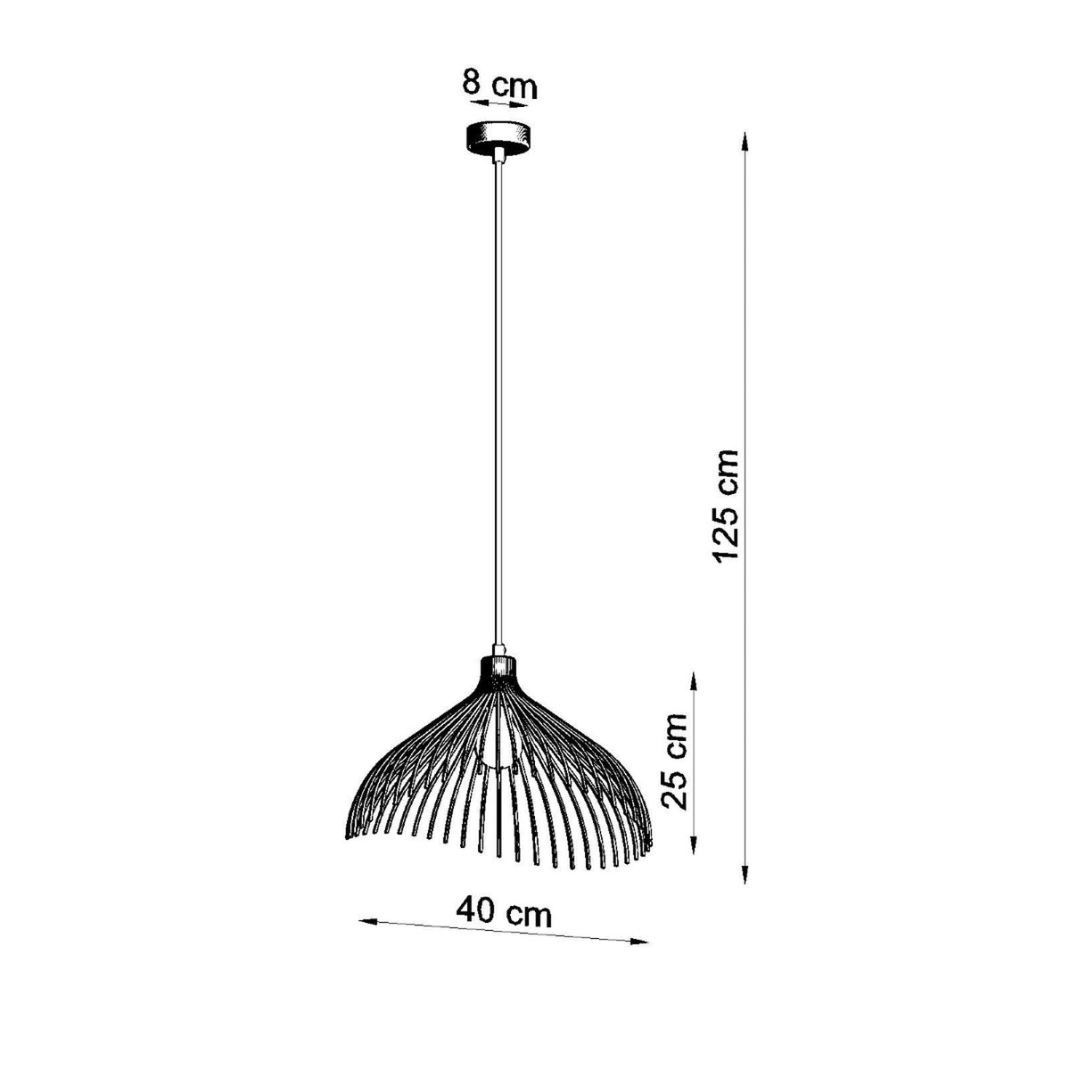 Schéma coté indiquant 40 cm de diamètre, 25 cm de hauteur et 125 cm au total.