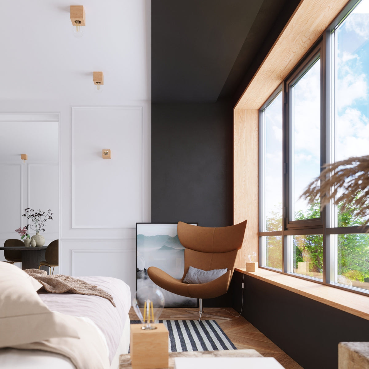 Ambiance chambre avec plusieurs appliques en bois fixées au mur et au plafond