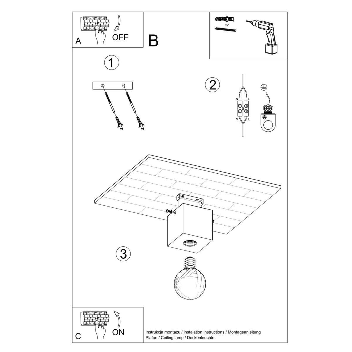 Notice de montage du plafonnier : fixation au plafond, raccordement électrique et pose de l'ampoule.