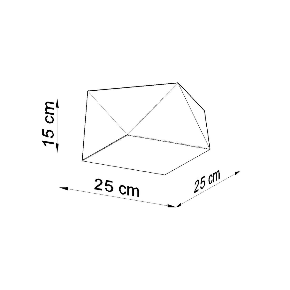Schéma coté du plafonnier carré : 25 cm de côté et 15 cm de hauteur