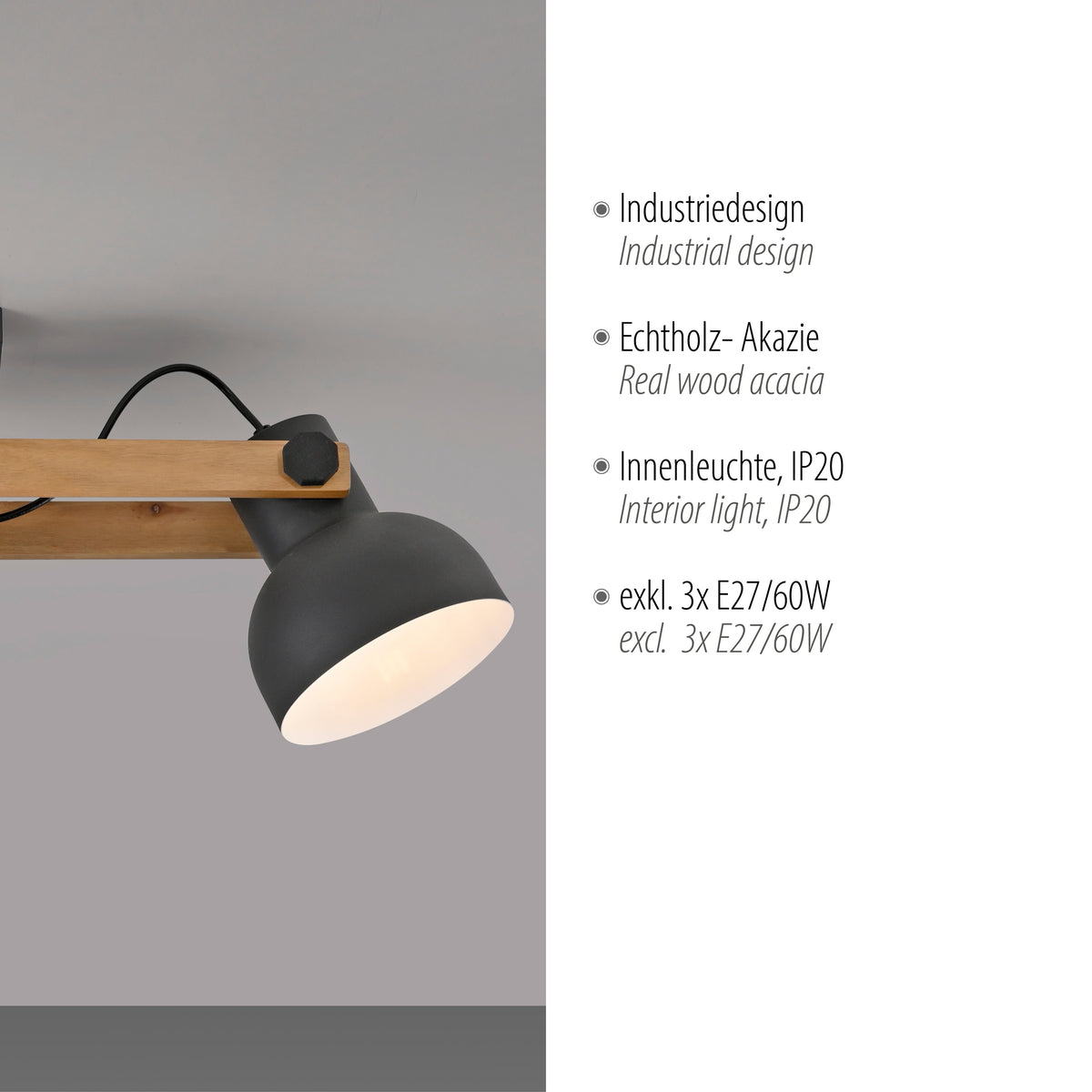 Détail d'une tête noire orientable et de la traverse en bois avec mentions techniques.