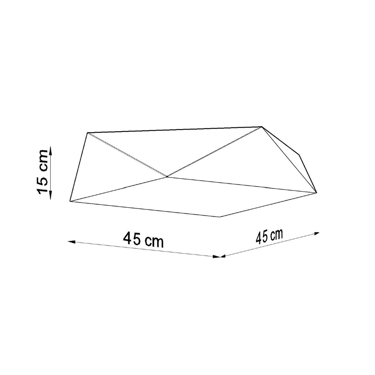 Schéma de dimensions du luminaire carré 45 cm par 45 cm et 15 cm de haut.