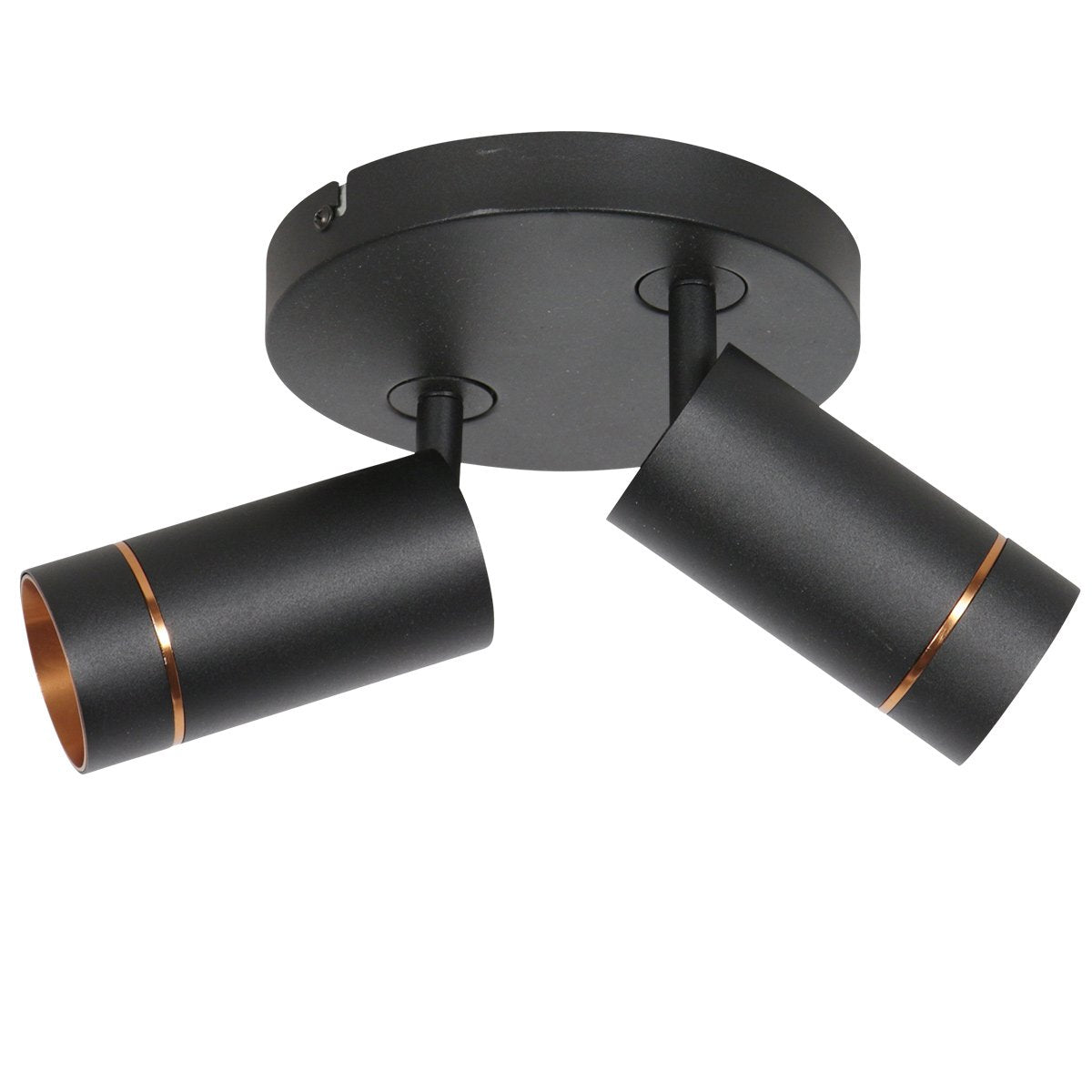 Autre angle du luminaire plafond double, deux projecteurs noirs inclinés vers le bas sur base ronde.