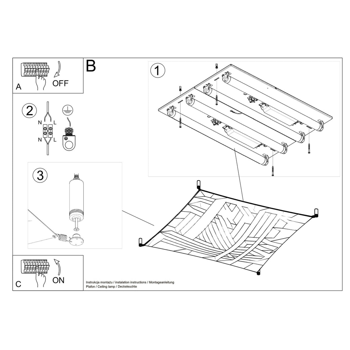 Notice de montage illustrée avec câblage électrique, vis et fixation au plafond