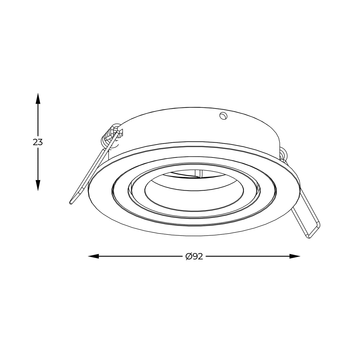 Dessin technique coté du spot rond, diamètre 92 mm et hauteur 23 mm