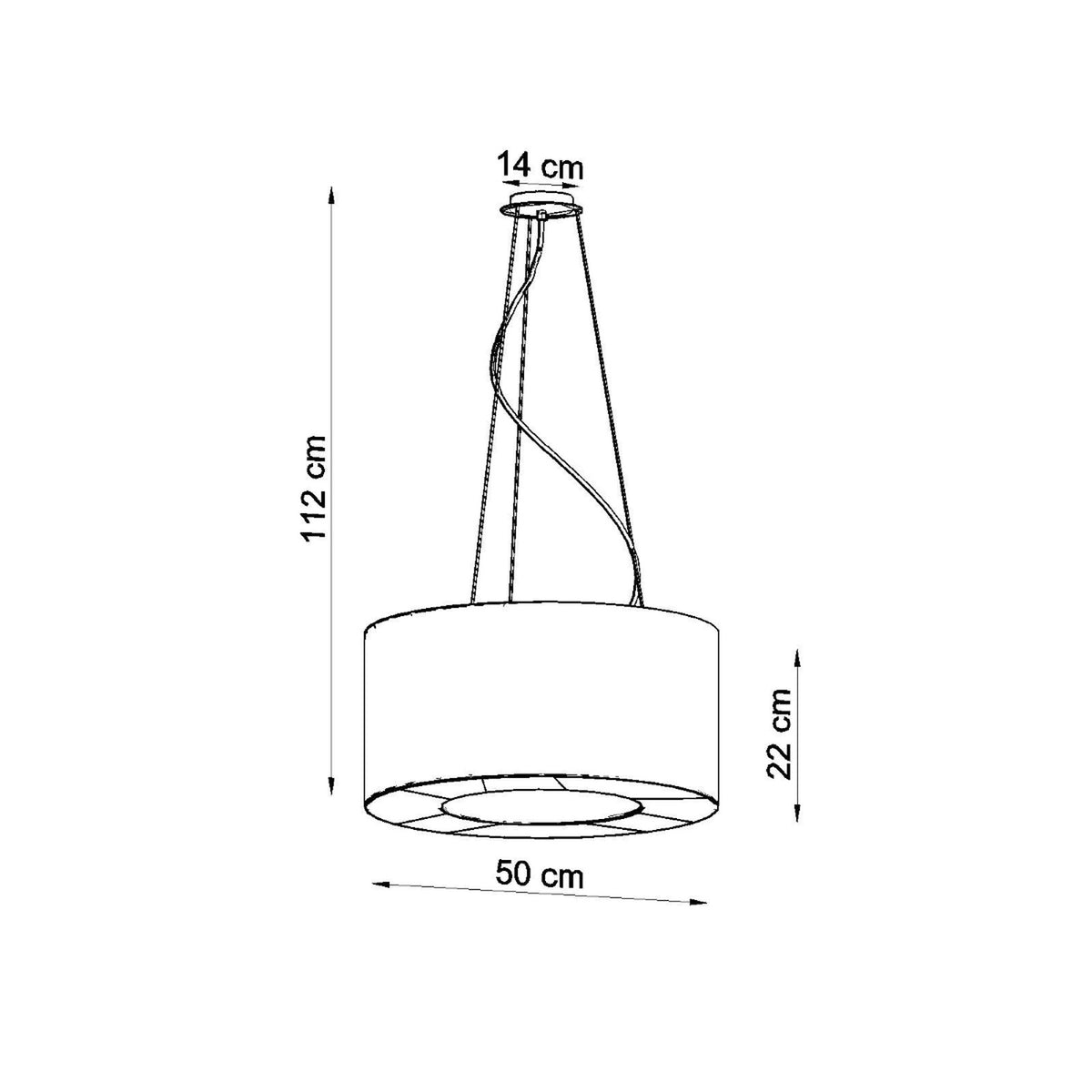 Schéma coté indiquant 50 cm de diamètre, 22 cm de hauteur et 112 cm de longueur
