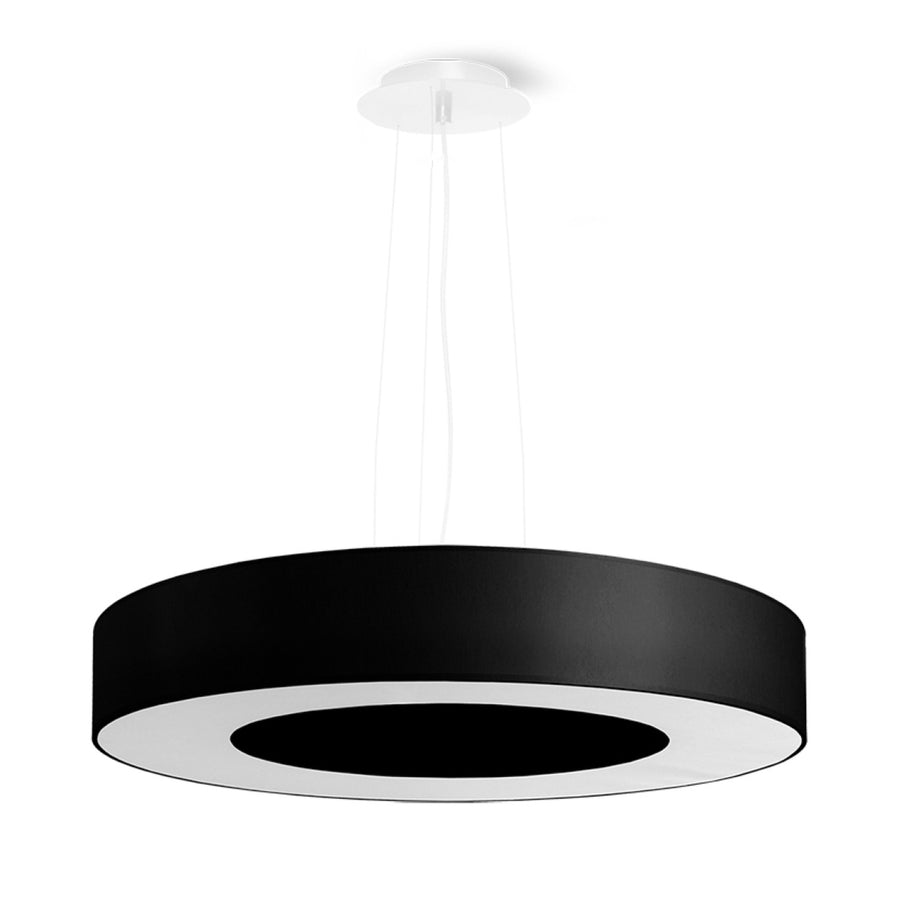 Lustre suspendu noir de forme cylindrique vu de face sur fond blanc