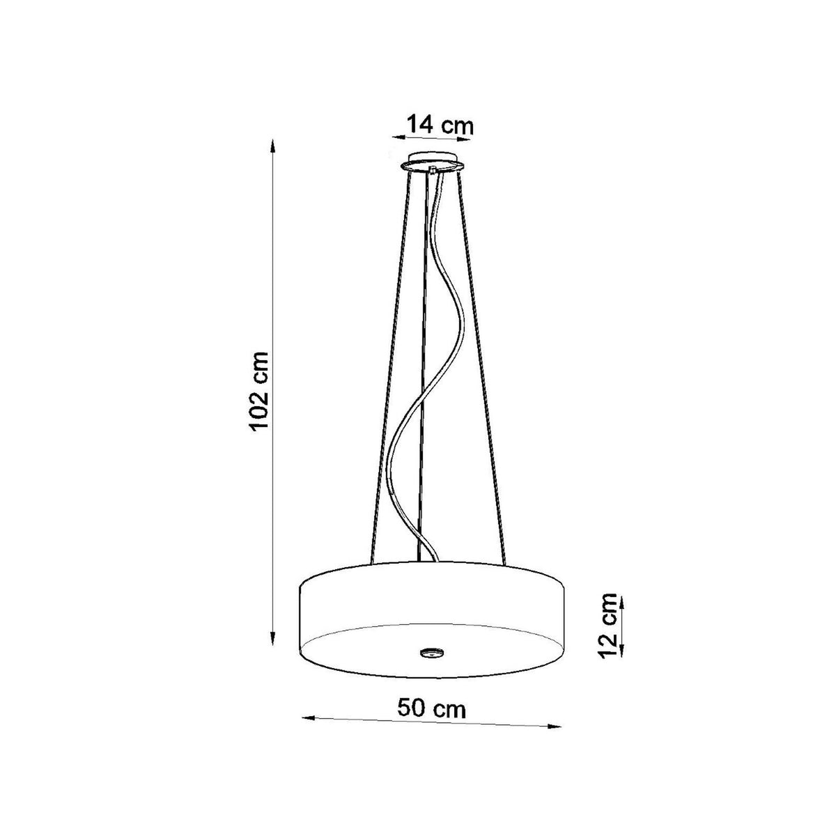 Schéma coté du luminaire avec hauteur 102 cm, diamètre 50 cm et abat-jour de 12 cm