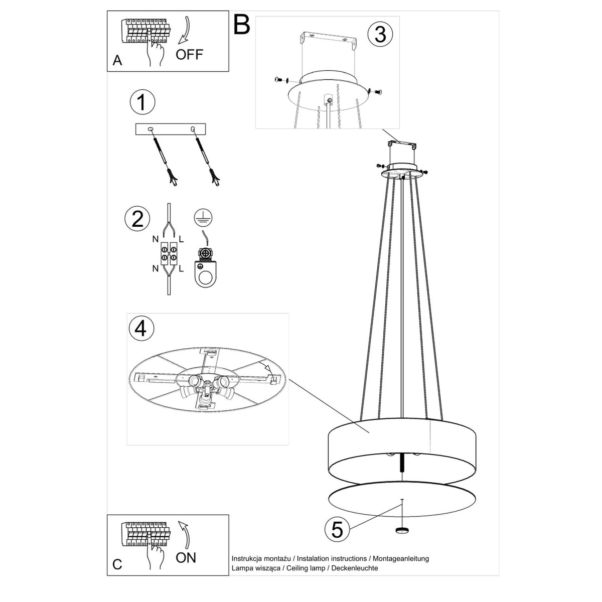 Notice de montage illustrée du luminaire suspendu avec étapes de câblage et fixation au plafond