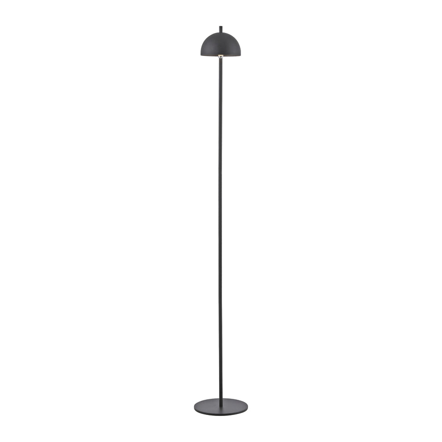 Lampadaire noir entier sur fond blanc, abat-jour dôme, tige fine et base circulaire.