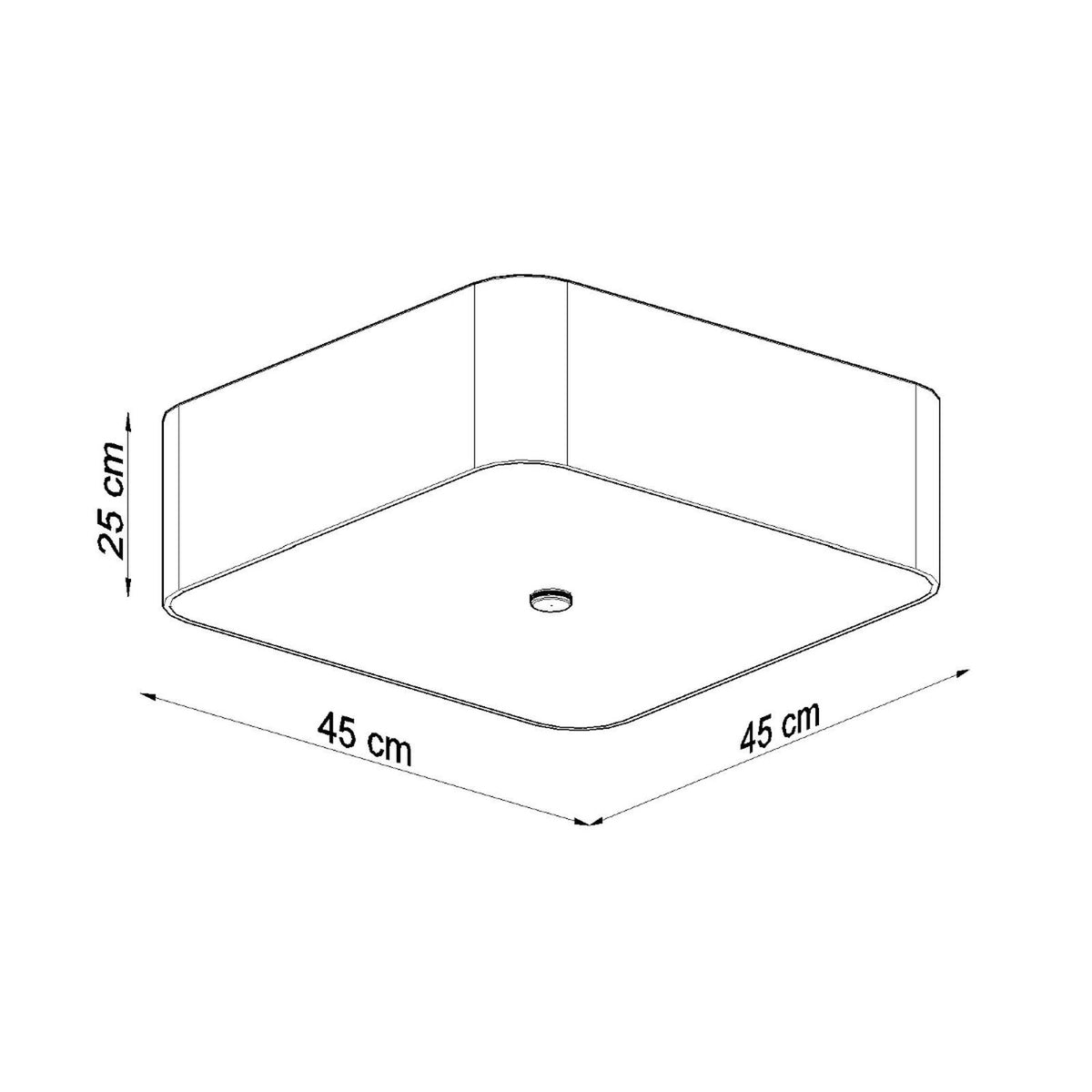 Schéma coté indiquant 45 cm de côté, 45 cm de profondeur et 25 cm de hauteur