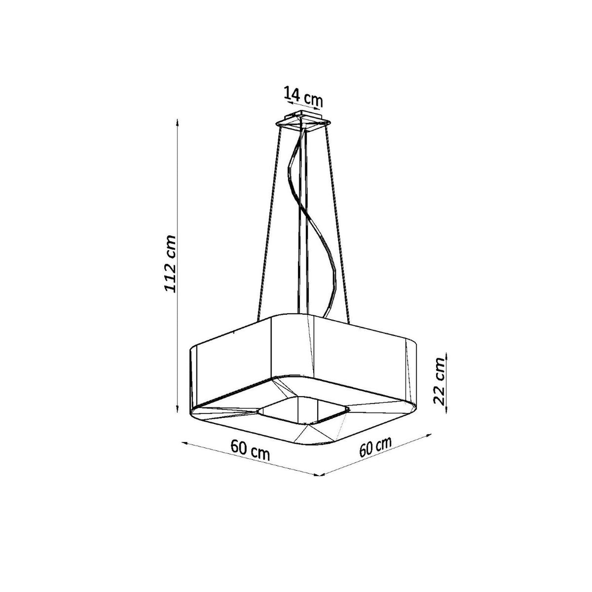 Schéma coté du lustre : largeur 60 cm, hauteur 22 cm, suspension réglable 112 cm.