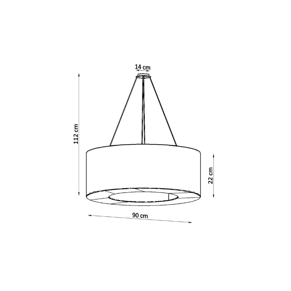 Schéma coté indiquant 90 cm de diamètre, 112 cm de hauteur et 22 cm