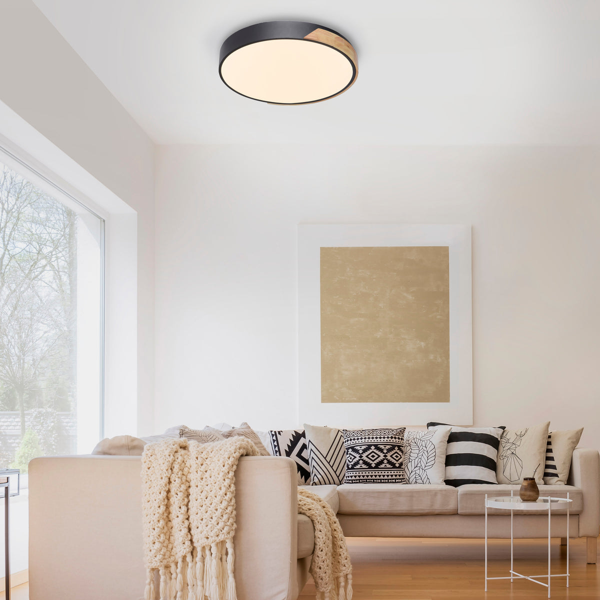 Plafonnier installé au plafond dans un salon moderne avec canapé beige.