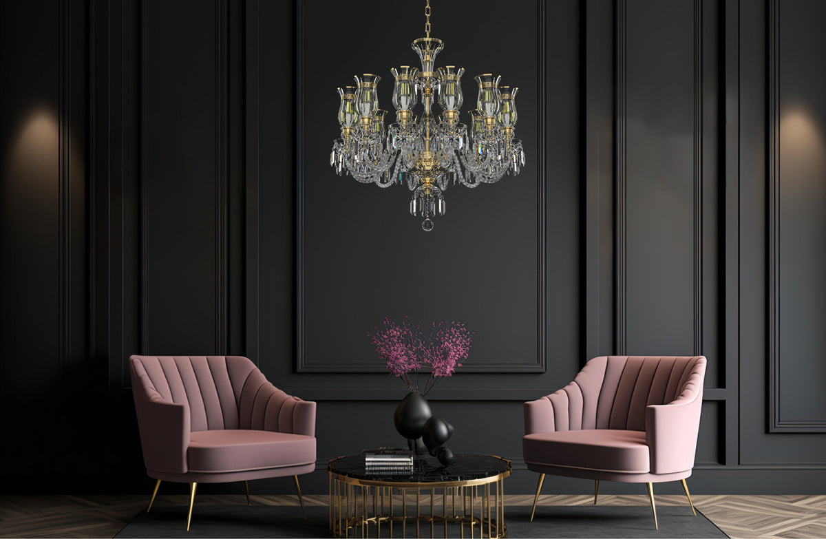 Mise en ambiance du lustre suspendu dans un salon moderne aux fauteuils roses.
