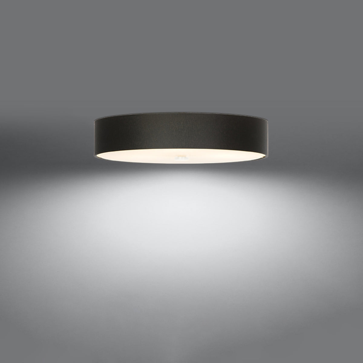 Plafonnier allumé diffusant une lumière blanche homogène vers le bas.