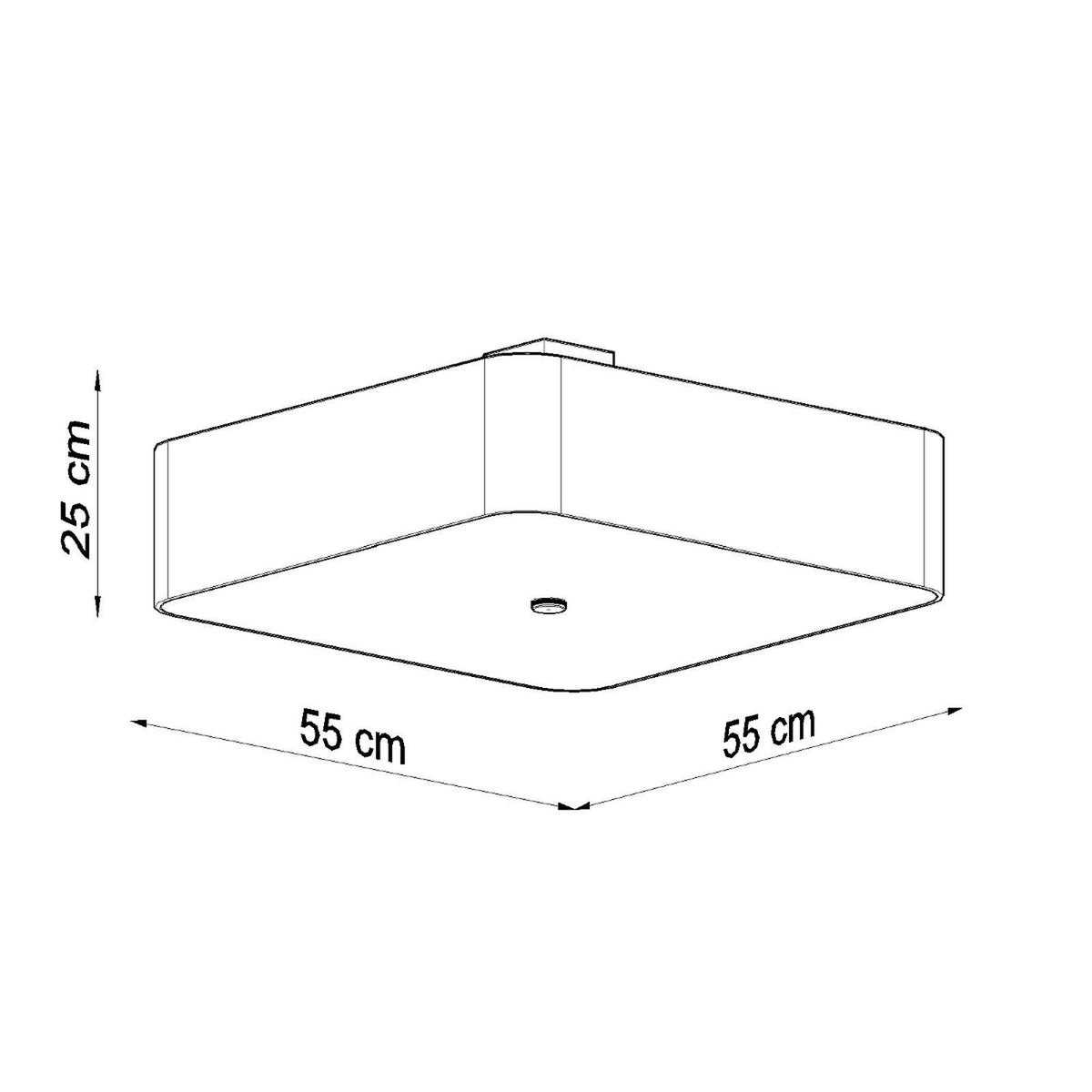 Schéma coté du plafonnier carré : 55 cm de côté et 25 cm de haut.