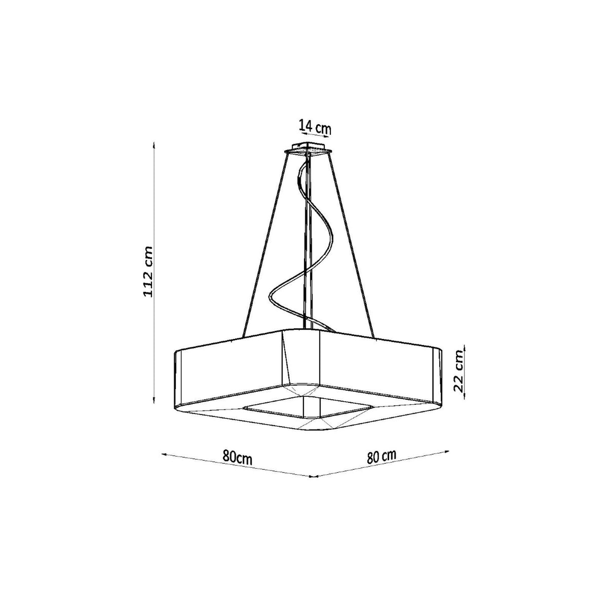 Schéma coté du luminaire : largeur 80 cm, hauteur 22 cm, suspension totale 112 cm.