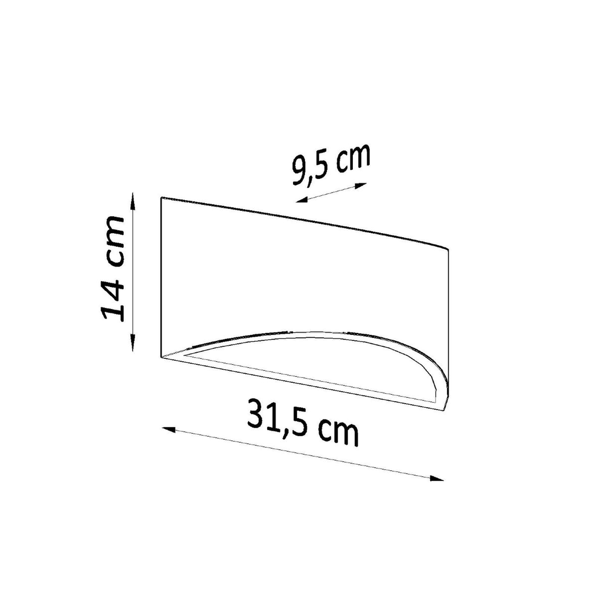 Schéma coté indiquant hauteur 14 cm, largeur 31,5 cm et profondeur 9,5 cm