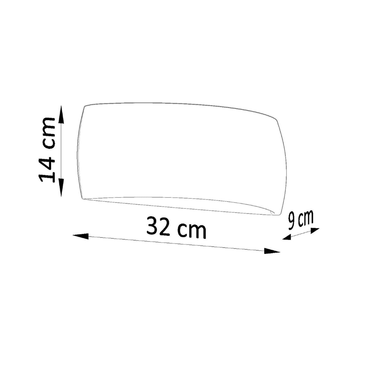 Schéma coté du luminaire indiquant 32 cm de large, 14 cm de haut et 9 cm de profondeur.
