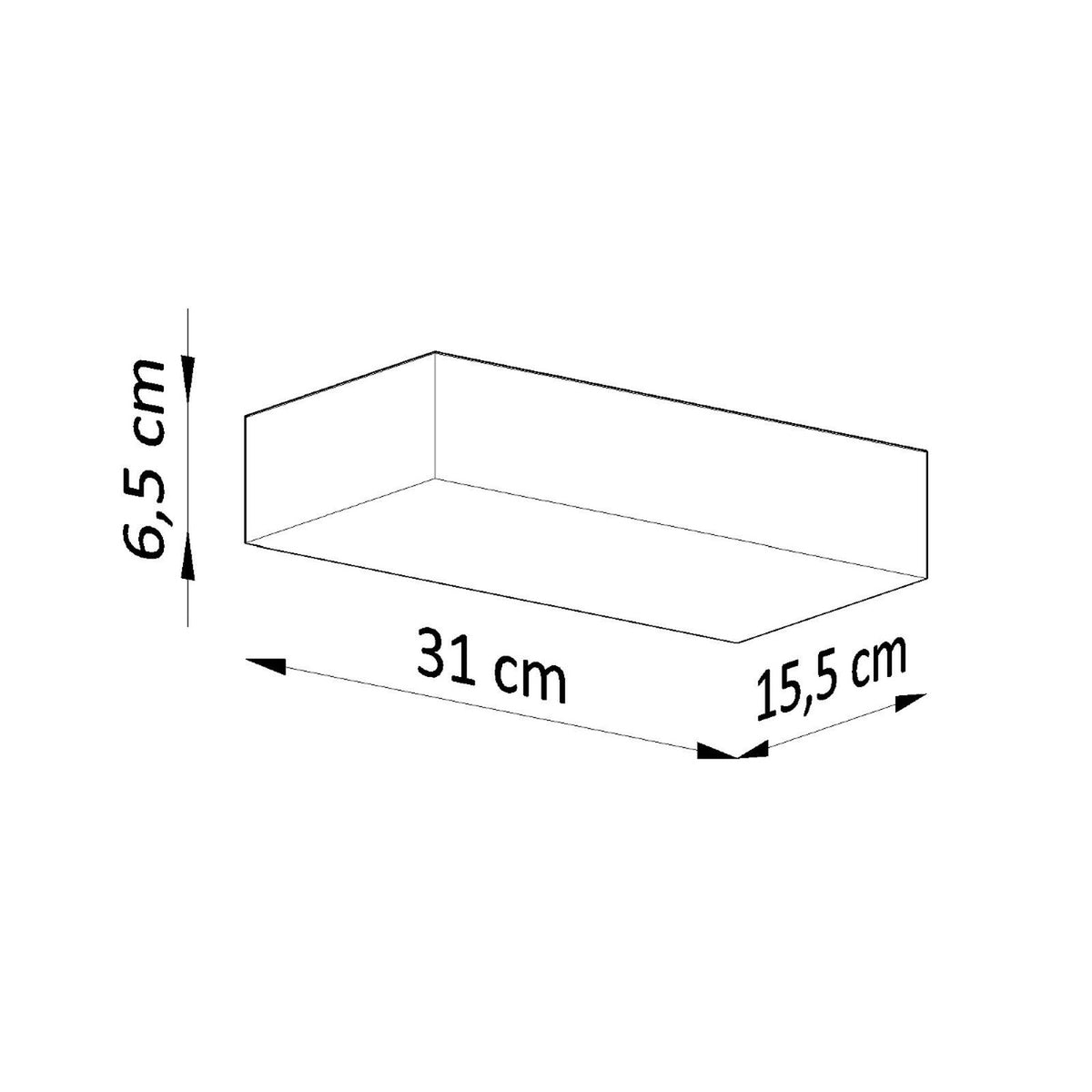 Schéma coté indiquant 31 cm de long, 15,5 cm de large et 6,5 cm