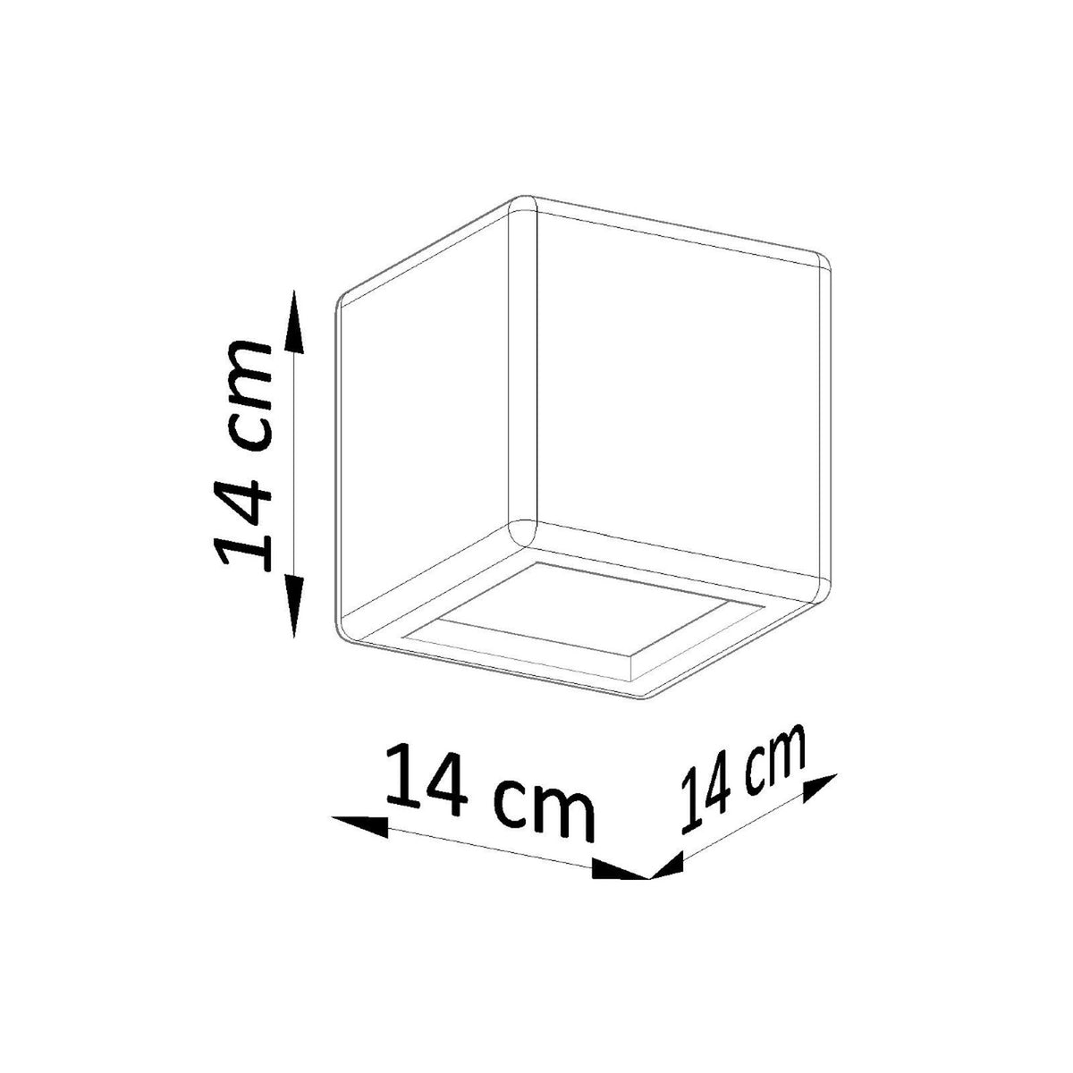 Schéma de dimensions indiquant 14 cm de hauteur, largeur et profondeur