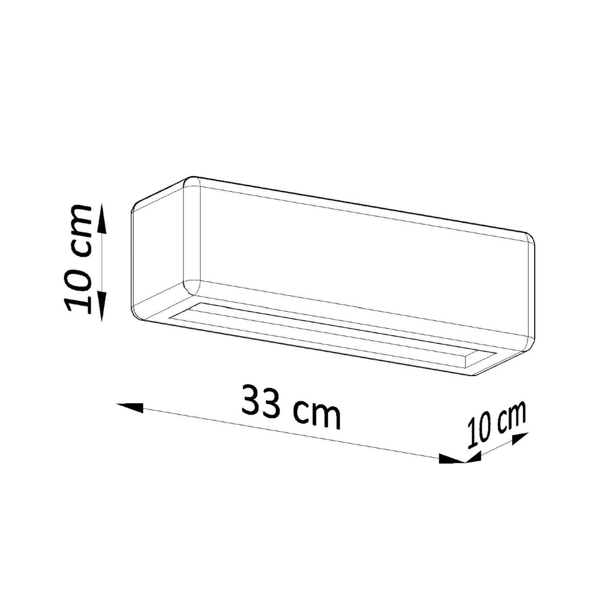 Schéma coté du luminaire : 33 cm de large, 10 cm de haut sur 10 cm.